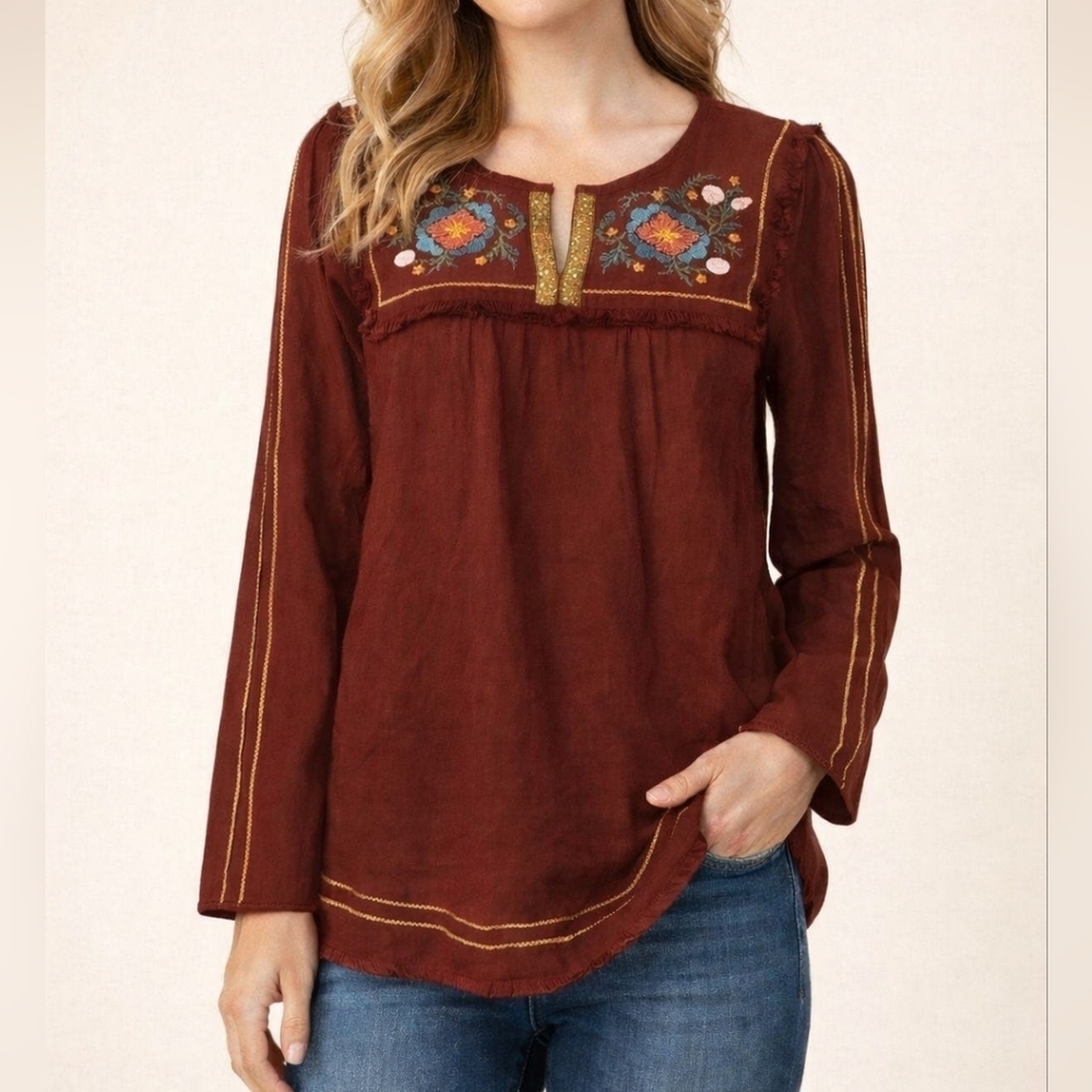 GRACE & LACE Floral Mexican Embroidered Maroon Fringe Long Sleeve Cotton Top